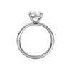 A profile view of the Elongated cushion cut diamond engagement ring in platinum with a prong diamond band and cathedral setting