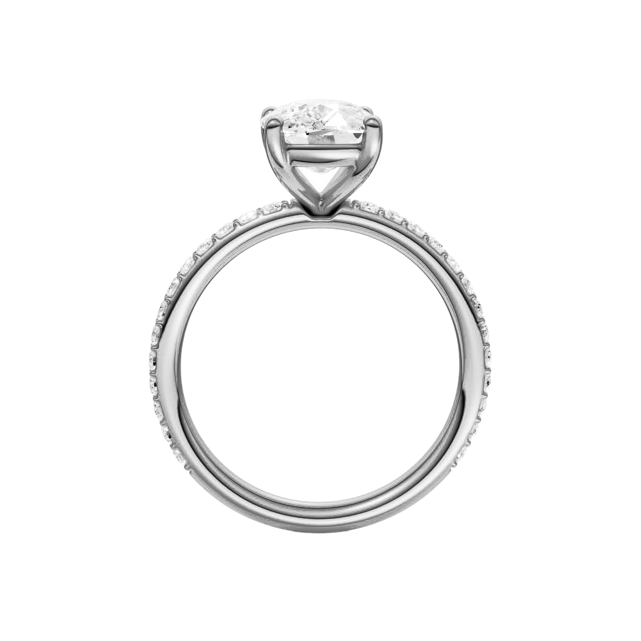 A profile view of the Elongated cushion cut diamond engagement ring in platinum with a prong diamond band and cathedral setting