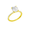 A three-quarter view of the Elongated cushion cut diamond engagement ring in 14k yellow gold with a prong diamond band and cathedral setting