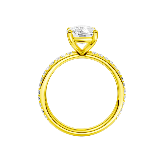 A profile view of the Elongated cushion cut diamond engagement ring in 14k yellow gold with a prong diamond band and cathedral setting