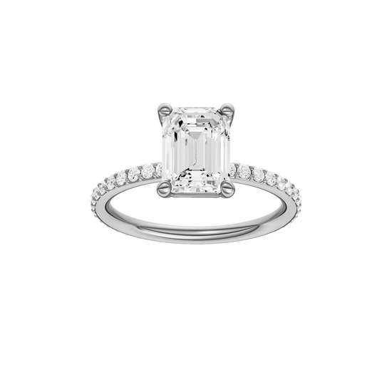 A front view of the Emerald cut diamond engagement ring in platinum with a prong diamond band and cathedral setting