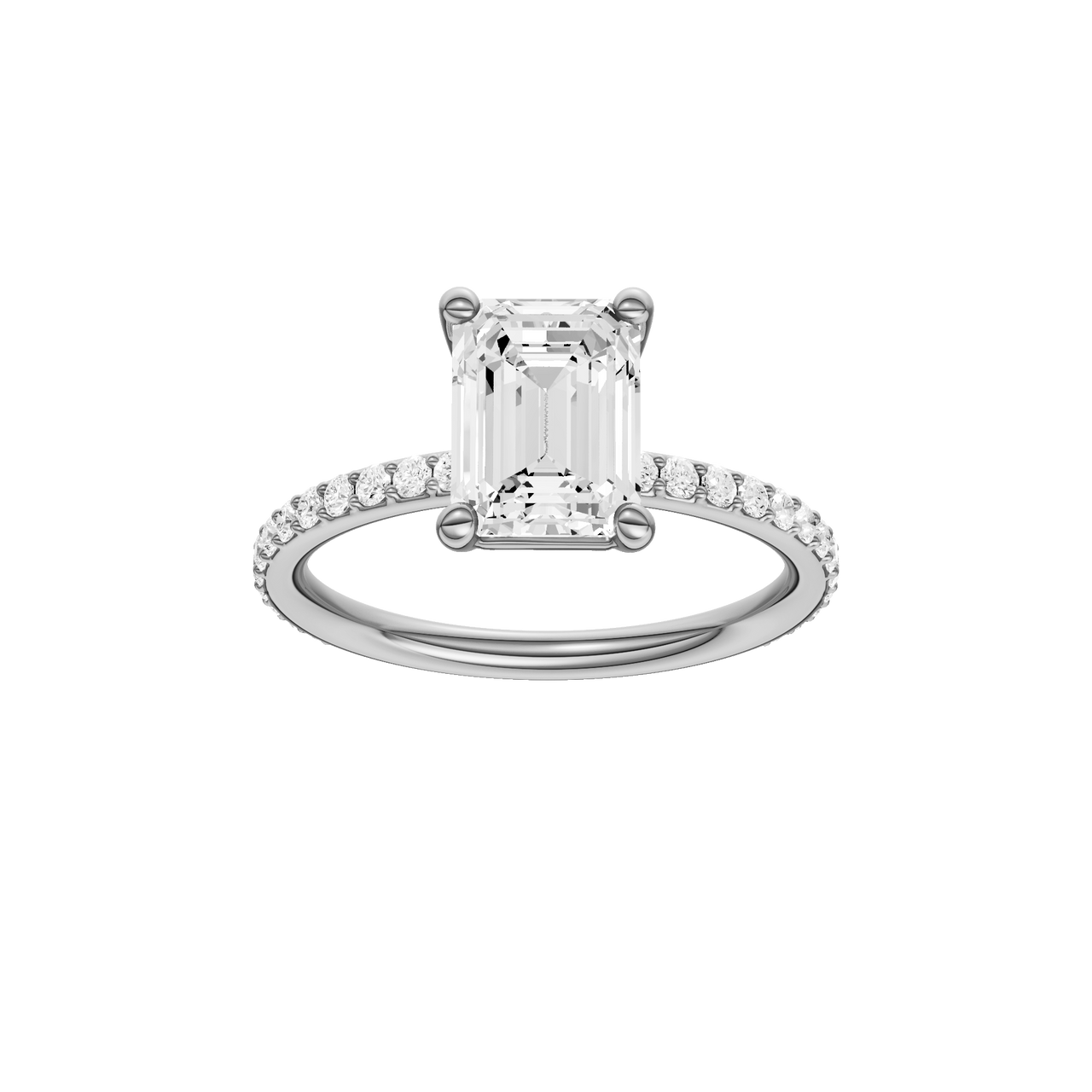 A front view of the Emerald cut diamond engagement ring in 14k white gold with a prong diamond band and cathedral setting