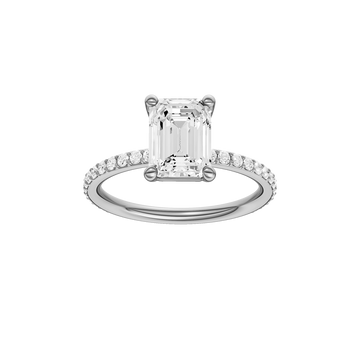 A front view of the Emerald cut diamond engagement ring in 14k white gold with a prong diamond band and cathedral setting