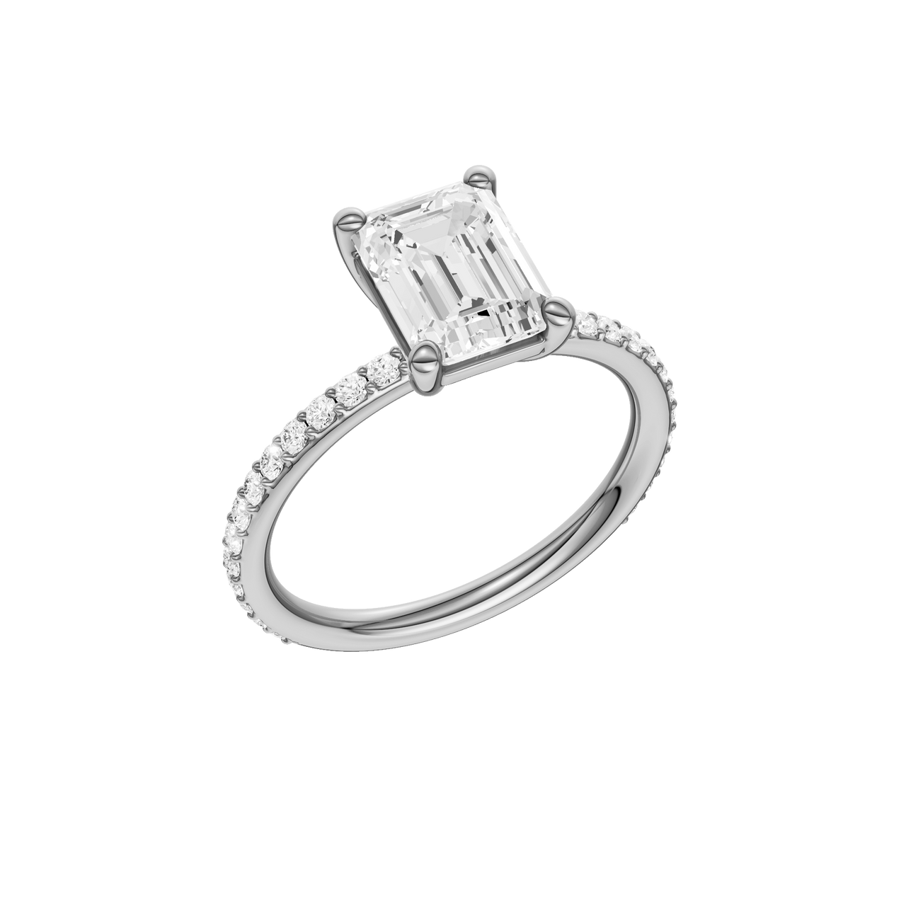 A three-quarter view of the Emerald cut diamond engagement ring in platinum with a prong diamond band and cathedral setting
