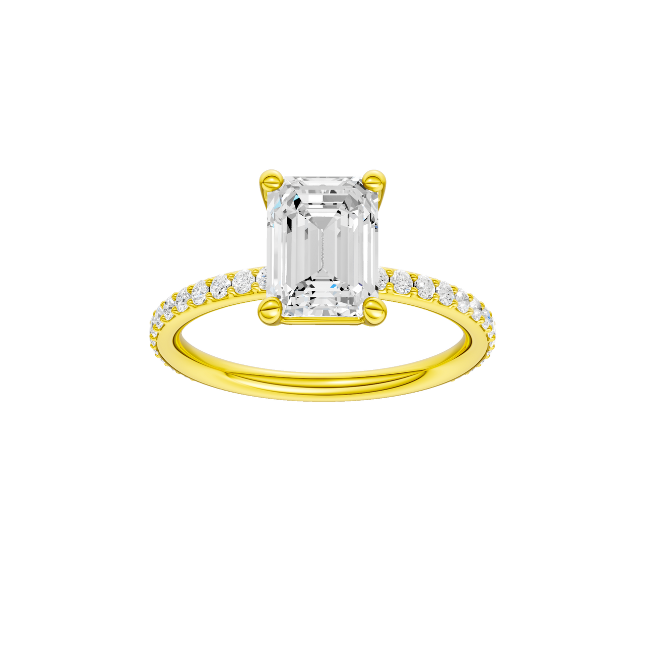 A front view of the Emerald cut diamond engagement ring in 14k yellow gold with a prong diamond band and cathedral setting