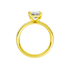 A profile view of the Emerald cut diamond engagement ring in 14k yellow gold with a prong diamond band and cathedral setting