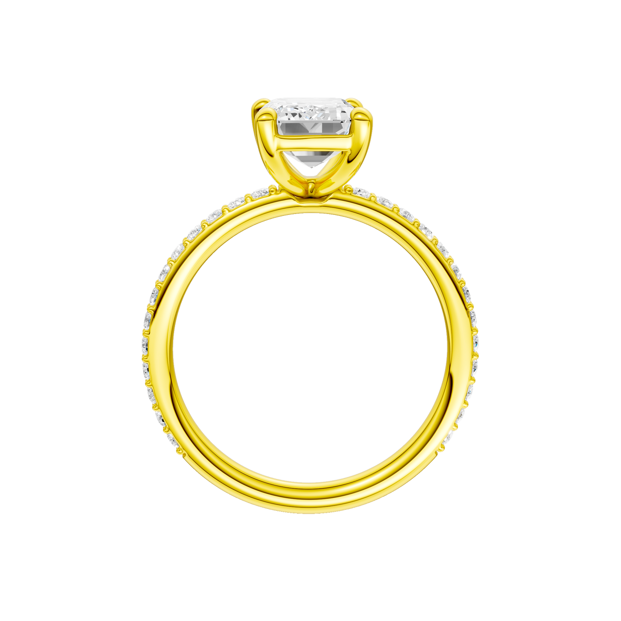A profile view of the Emerald cut diamond engagement ring in 14k yellow gold with a prong diamond band and cathedral setting