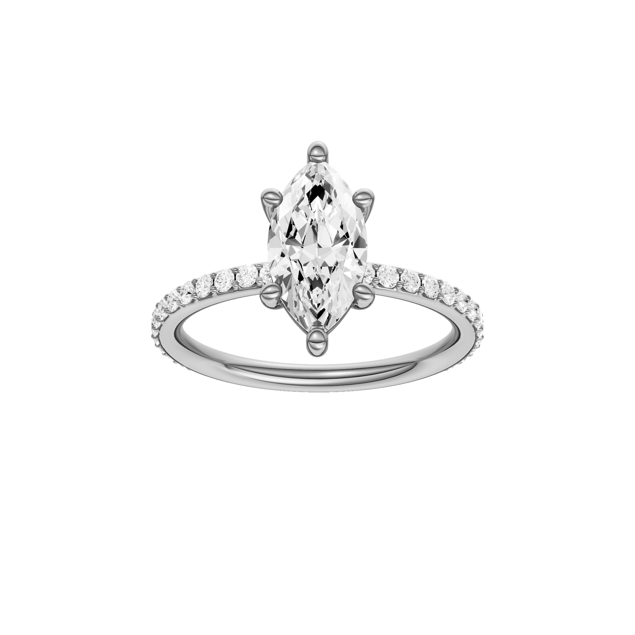 A front view of the Marquise cut diamond engagement ring in platinum with a prong diamond band and cathedral setting