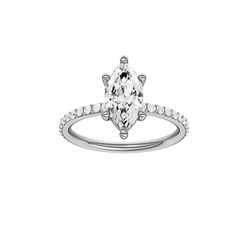 A front view of the Marquise cut diamond engagement ring in 14k white gold with a prong diamond band and cathedral setting