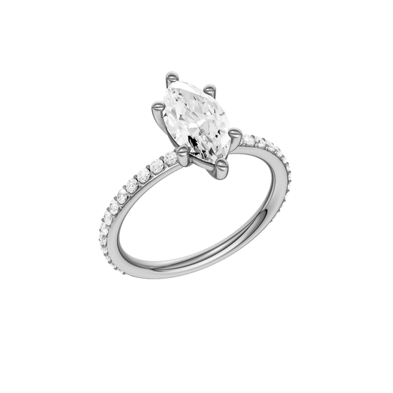 A three-quarter view of the Marquise cut diamond engagement ring in platinum with a prong diamond band and cathedral setting