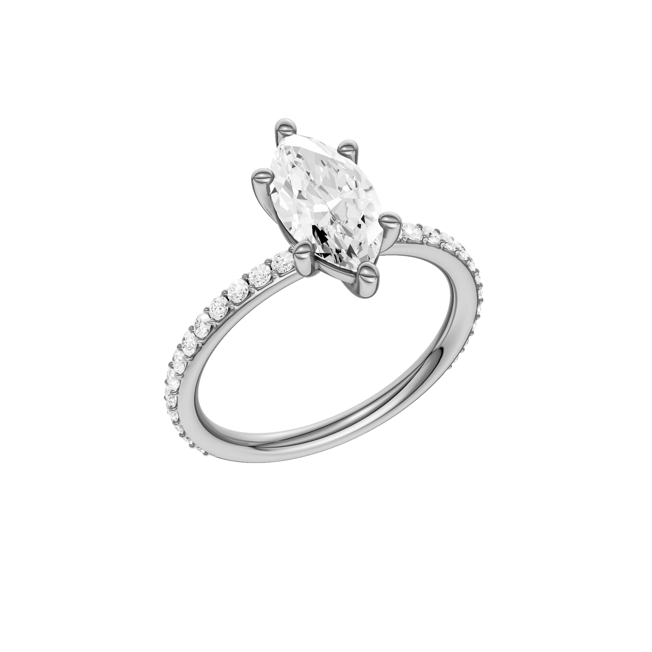 A three-quarter view of the Marquise cut diamond engagement ring in platinum with a prong diamond band and cathedral setting