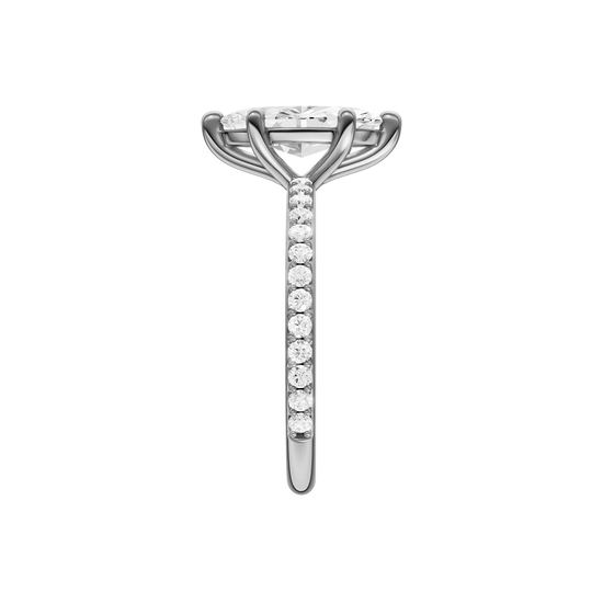 A side view of the Marquise cut diamond engagement ring in platinum with a prong diamond band and cathedral setting