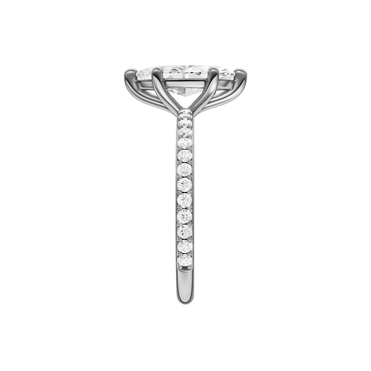 A side view of the Marquise cut diamond engagement ring in platinum with a prong diamond band and cathedral setting