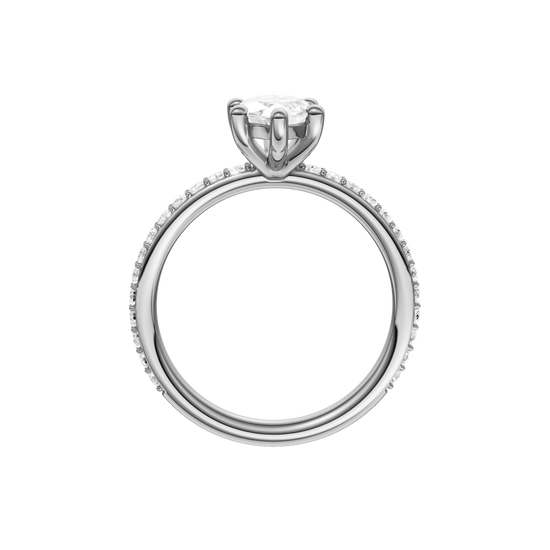 A profile view of the Marquise cut diamond engagement ring in 14k white gold with a prong diamond band and cathedral setting