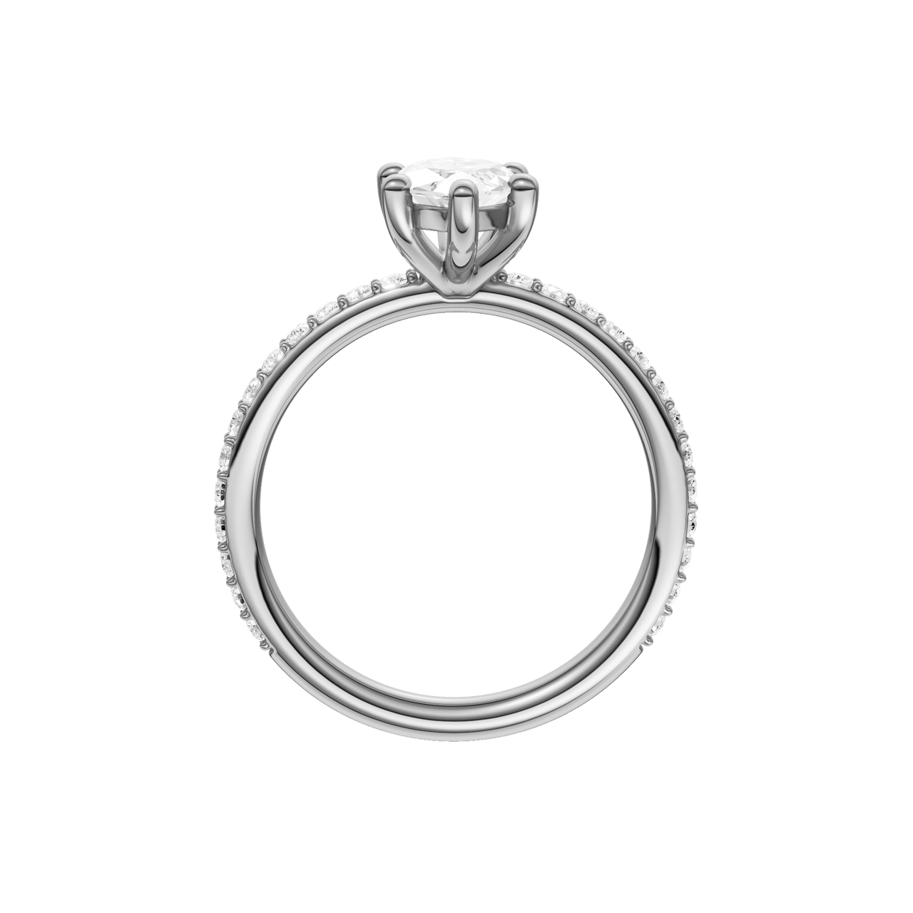 A profile view of the Marquise cut diamond engagement ring in 14k white gold with a prong diamond band and cathedral setting