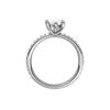 A profile view of the Marquise cut diamond engagement ring in platinum with a prong diamond band and cathedral setting