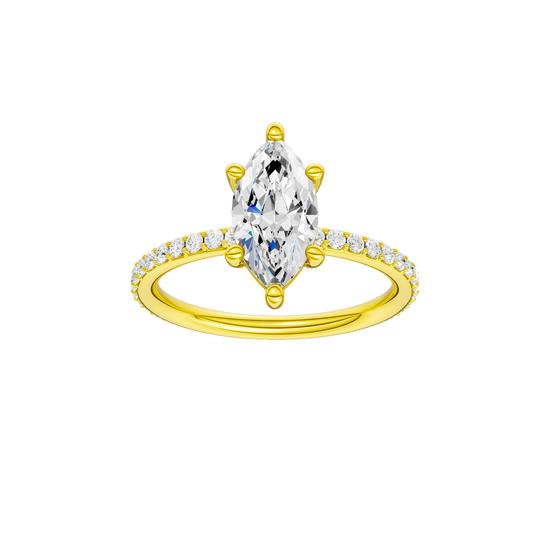 A front view of the Marquise cut diamond engagement ring in 14k yellow gold with a prong diamond band and cathedral setting