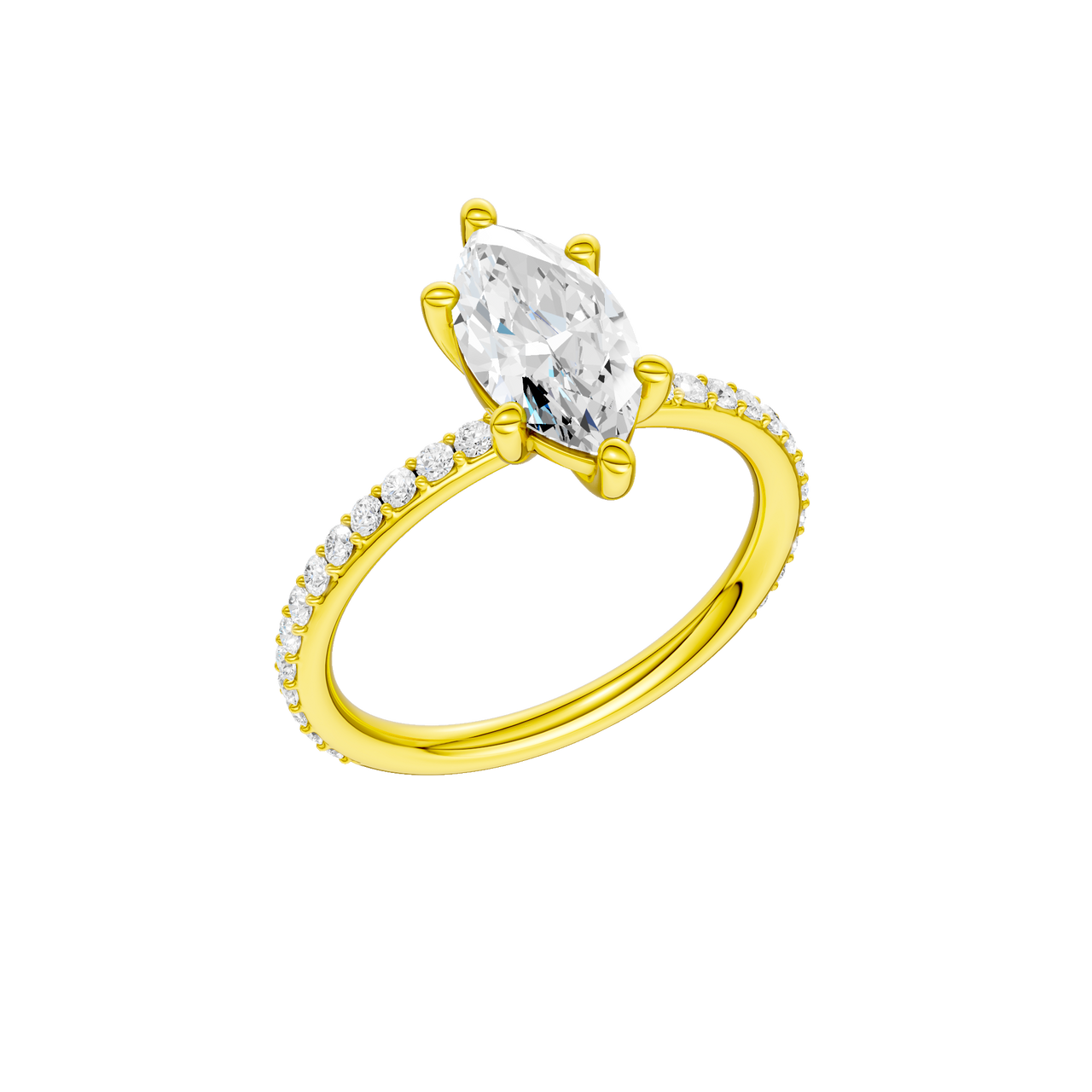 A three-quarter view of the Marquise cut diamond engagement ring in 14k yellow gold with a prong diamond band and cathedral setting