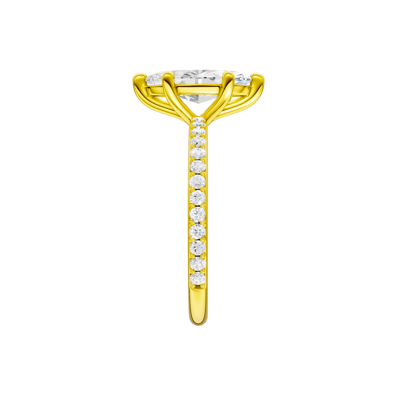 A side view of the Marquise cut diamond engagement ring in 14k yellow gold with a prong diamond band and cathedral setting