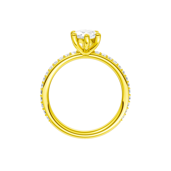 A profile view of the Marquise cut diamond engagement ring in 14k yellow gold with a prong diamond band and cathedral setting