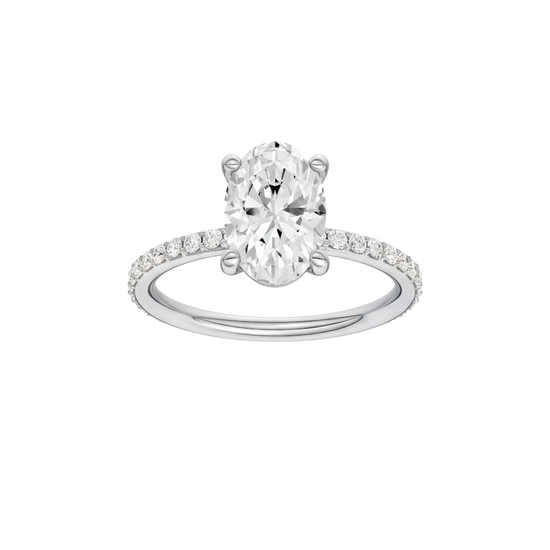 A front view of the Oval cut diamond engagement ring in platinum with a prong diamond band and cathedral setting