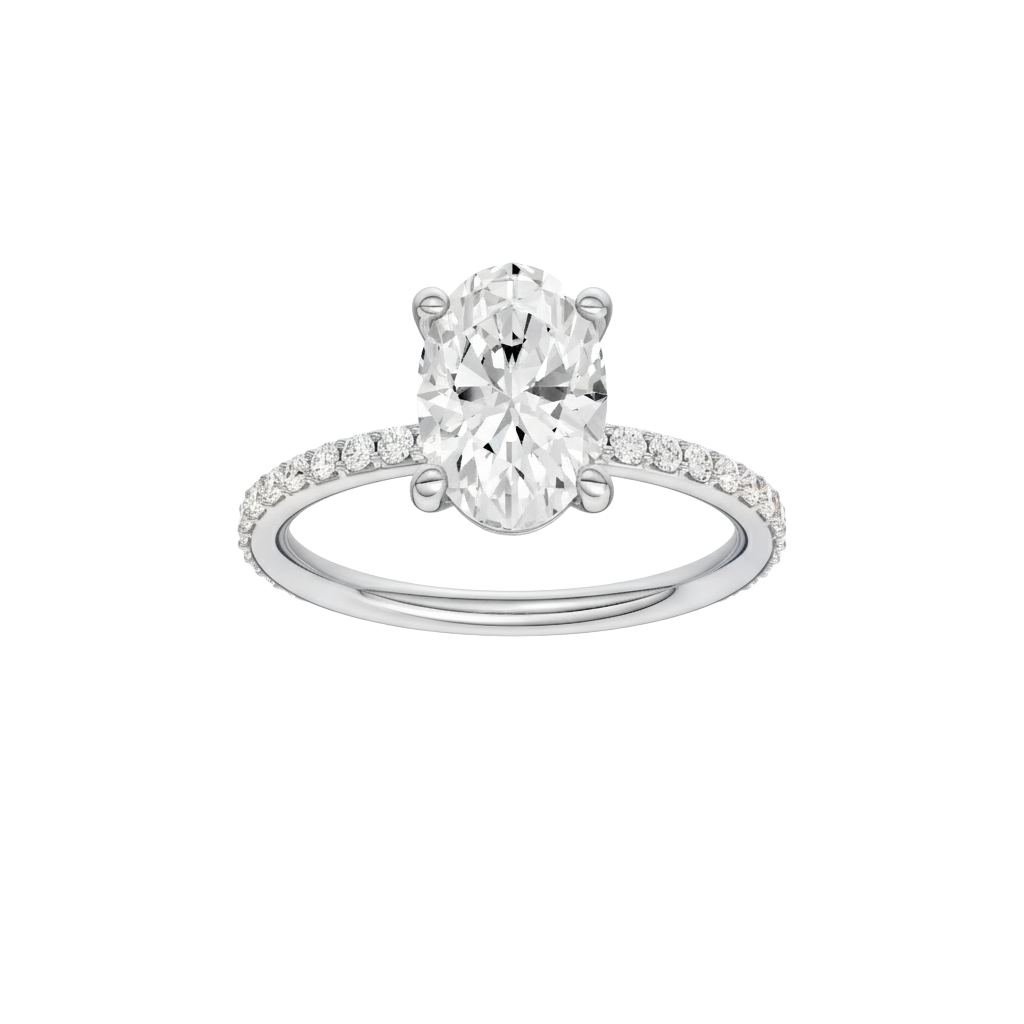 A front view of the Oval cut diamond engagement ring in 14k white gold with a prong diamond band and cathedral setting