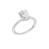 A three-quarter view of the Oval cut diamond engagement ring in platinum with a prong diamond band and cathedral setting