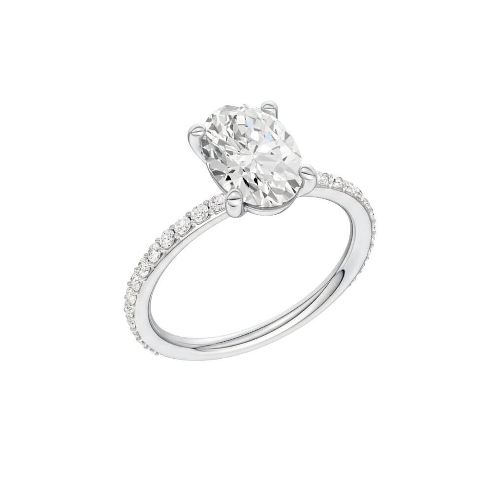A three-quarter view of the Oval cut diamond engagement ring in platinum with a prong diamond band and cathedral setting