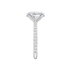 A side view of the Oval cut diamond engagement ring in 14k white gold with a prong diamond band and cathedral setting