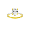 A front view of the Oval cut diamond engagement ring in 14k yellow gold with a prong diamond band and cathedral setting