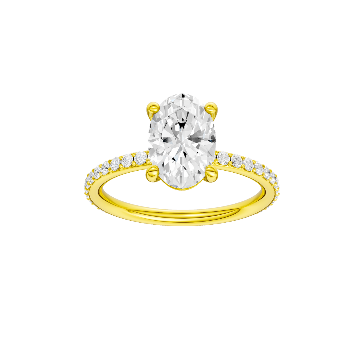 A front view of the Oval cut diamond engagement ring in 14k yellow gold with a prong diamond band and cathedral setting