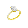 A three-quarter view of the Oval cut diamond engagement ring in 14k yellow gold with a prong diamond band and cathedral setting