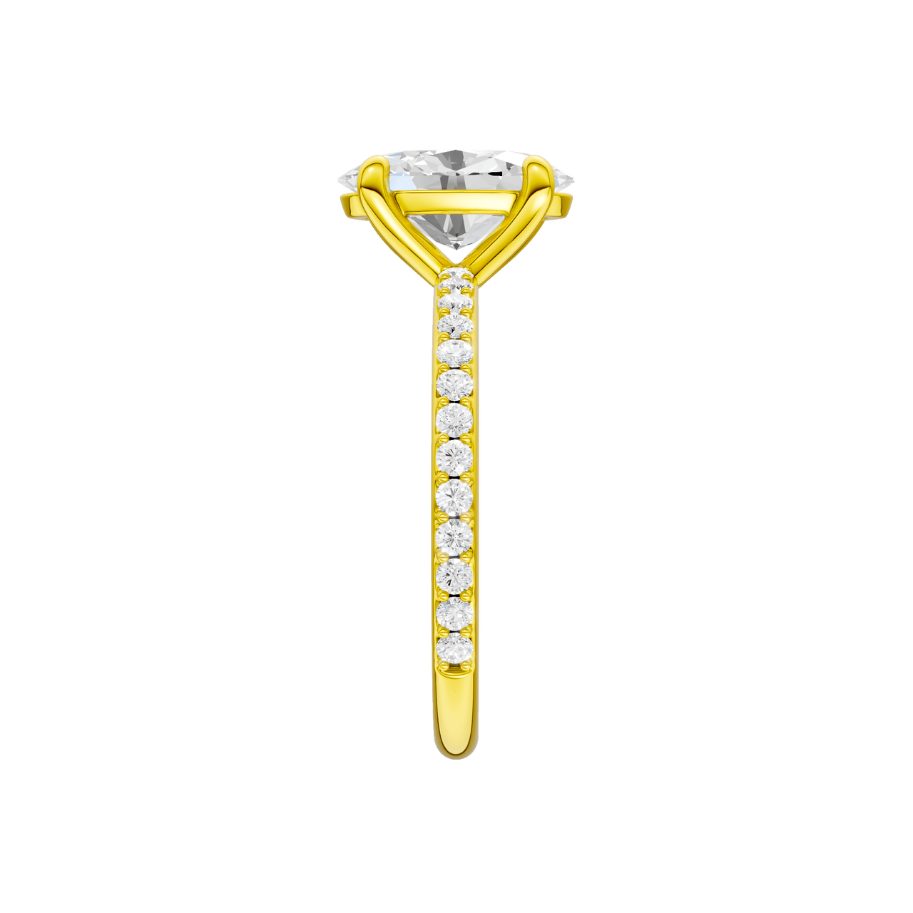 A side view of the Oval cut diamond engagement ring in 14k yellow gold with a prong diamond band and cathedral setting