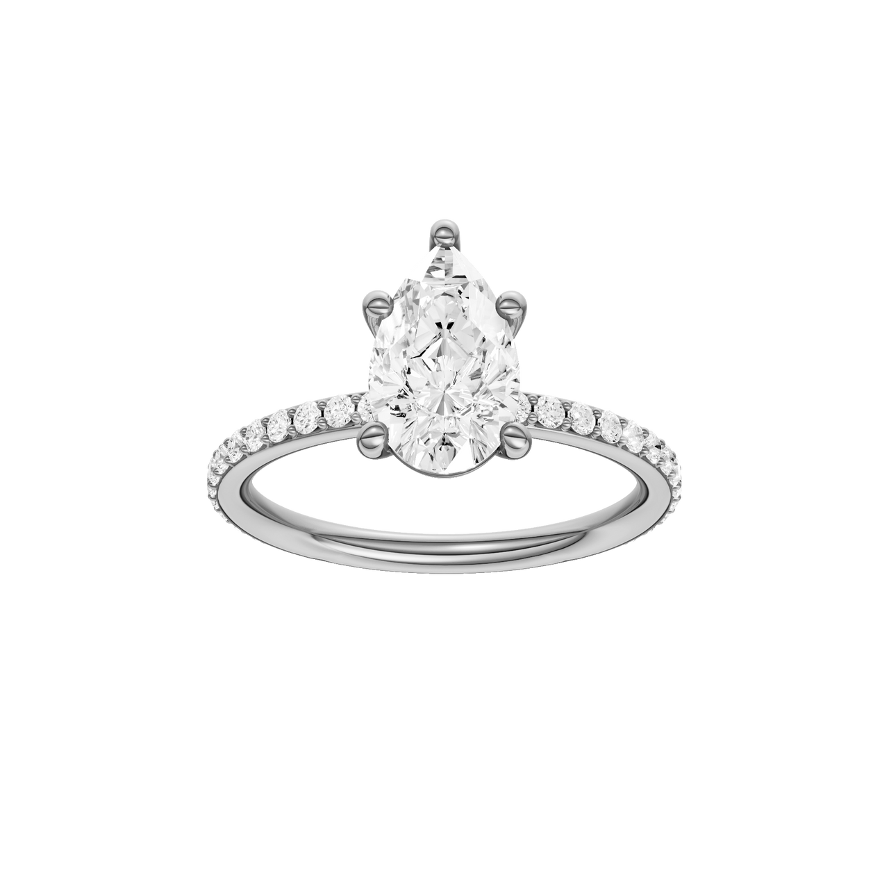 A front view of the Pear cut diamond engagement ring in 14k white gold with a prong diamond band and cathedral setting