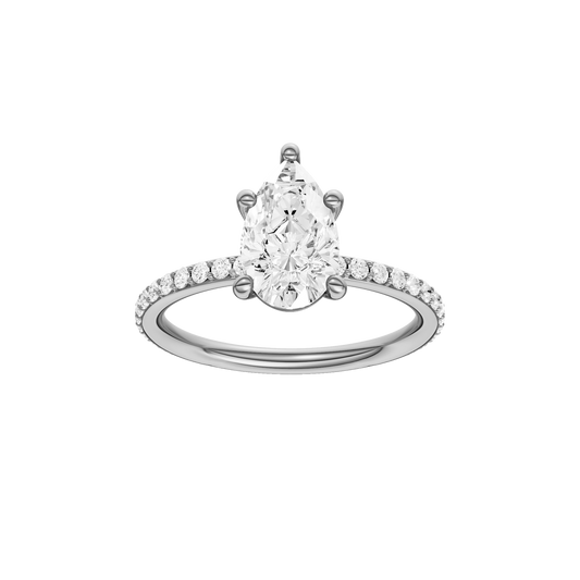 A front view of the Pear cut diamond engagement ring in 14k white gold with a prong diamond band and cathedral setting