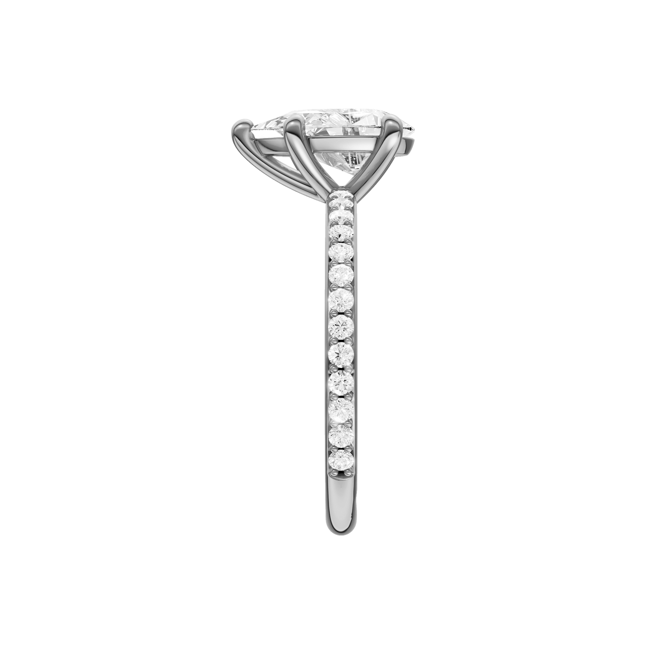 A side view of the Pear cut diamond engagement ring in 14k white gold with a prong diamond band and cathedral setting