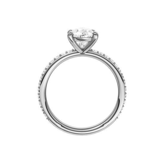 A profile view of the Pear cut diamond engagement ring in 14k white gold with a prong diamond band and cathedral setting