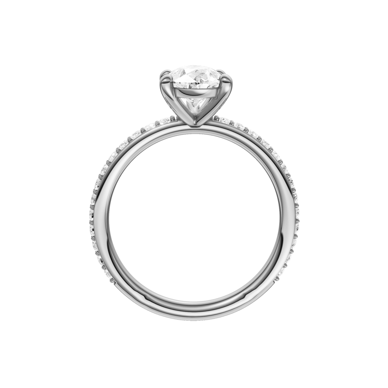 A profile view of the Pear cut diamond engagement ring in 14k white gold with a prong diamond band and cathedral setting