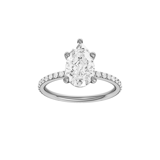 A front view of the Pear cut diamond engagement ring in platinum with a prong diamond band and cathedral setting