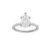 A front view of the Pear cut diamond engagement ring in platinum with a prong diamond band and cathedral setting