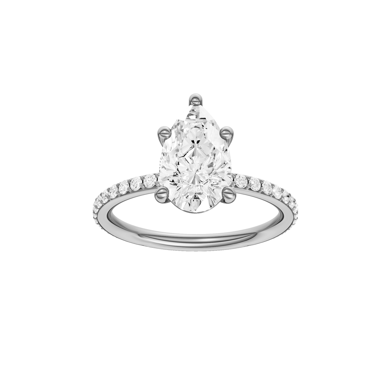 A front view of the Pear cut diamond engagement ring in platinum with a prong diamond band and cathedral setting