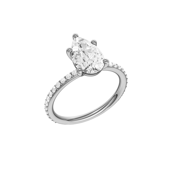 A three-quarter view of the Pear cut diamond engagement ring in platinum with a prong diamond band and cathedral setting