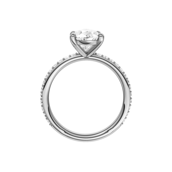 A profile view of the Pear cut diamond engagement ring in platinum with a prong diamond band and cathedral setting