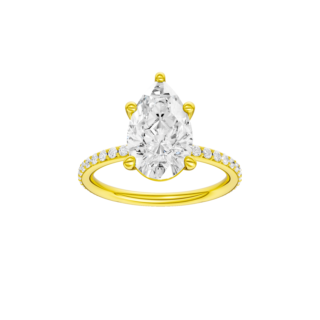 A front view of the Pear cut diamond engagement ring in 14k yellow gold with a prong diamond band and cathedral setting