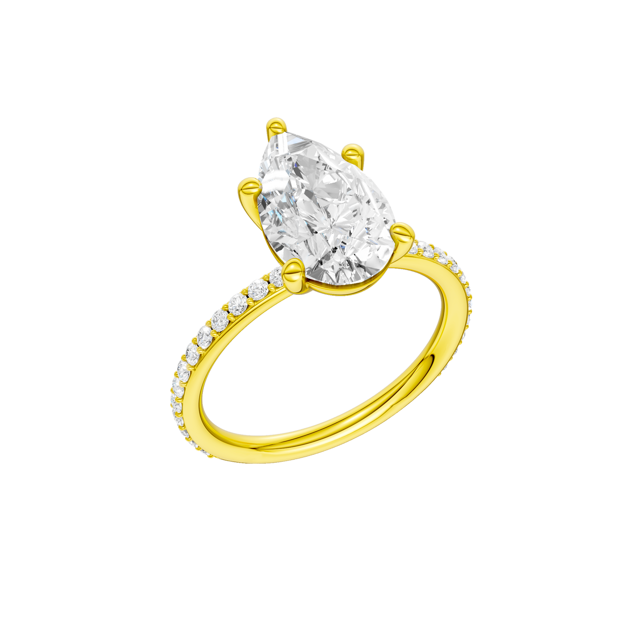 A three-quarter view of the Pear cut diamond engagement ring in 14k yellow gold with a prong diamond band and cathedral setting