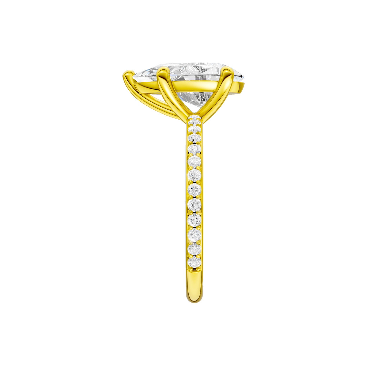 A side view of the Pear cut diamond engagement ring in 14k yellow gold with a prong diamond band and cathedral setting