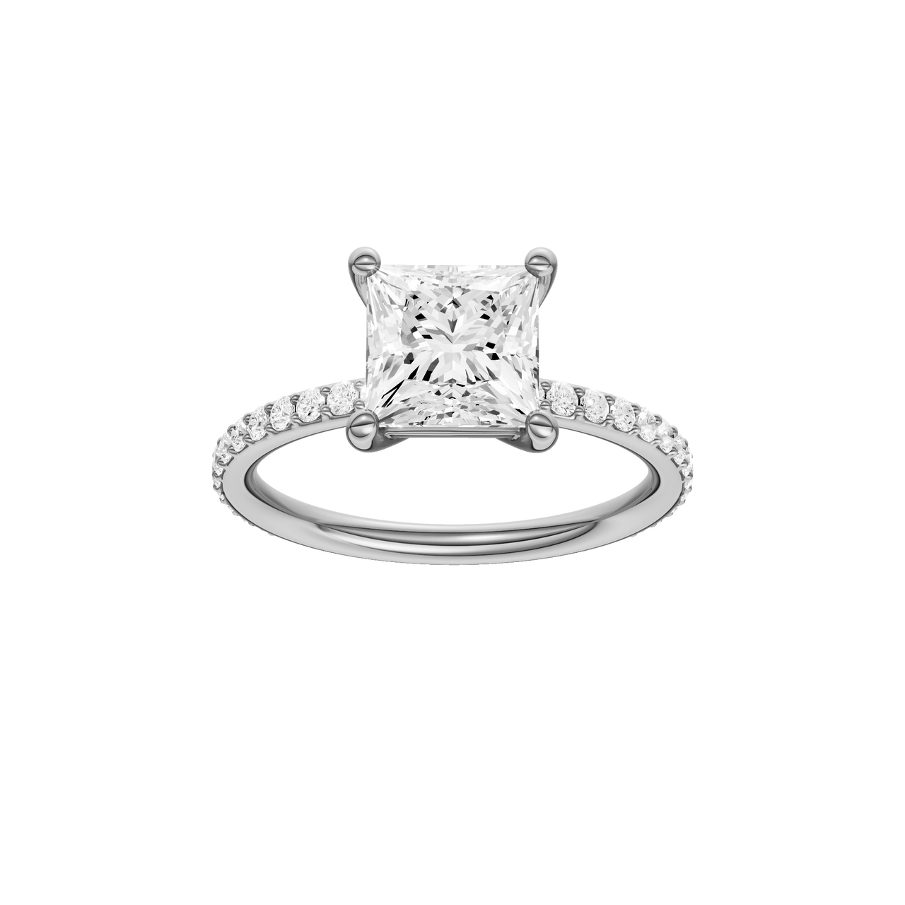 A front view of the Princess cut diamond engagement ring in 14k white gold with a prong diamond band and cathedral setting