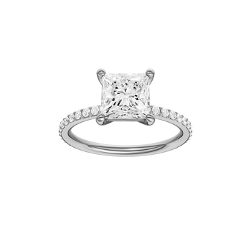 A front view of the Princess cut diamond engagement ring in 14k white gold with a prong diamond band and cathedral setting