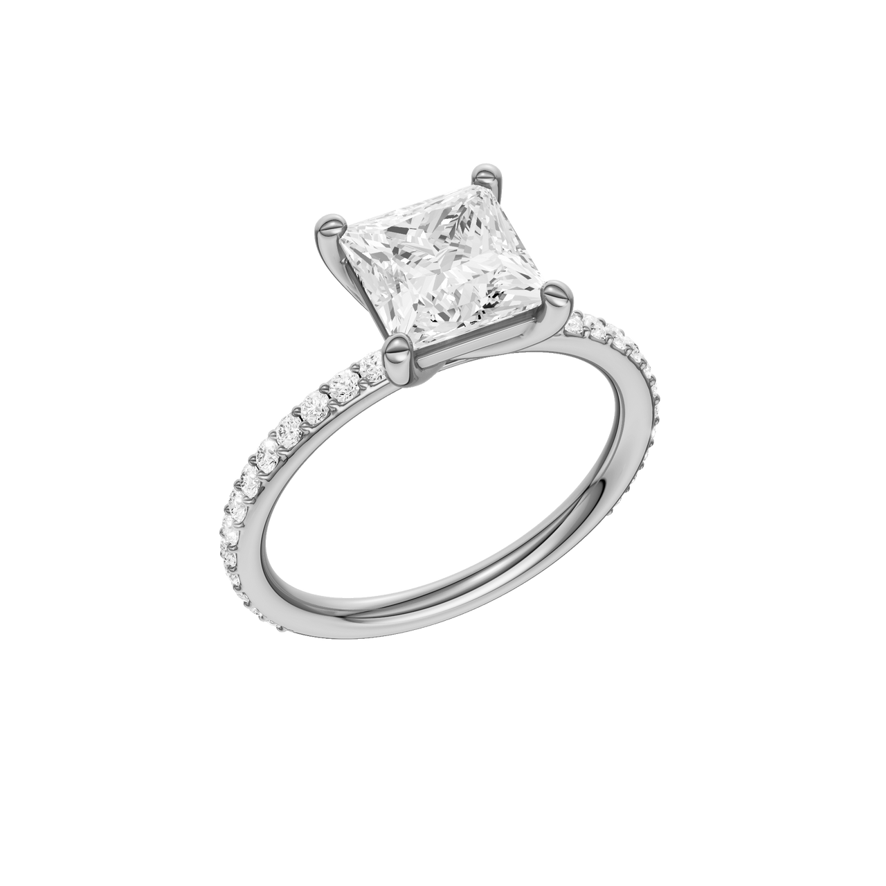 A three-quarter view of the Princess cut diamond engagement ring in platinum with a prong diamond band and cathedral setting