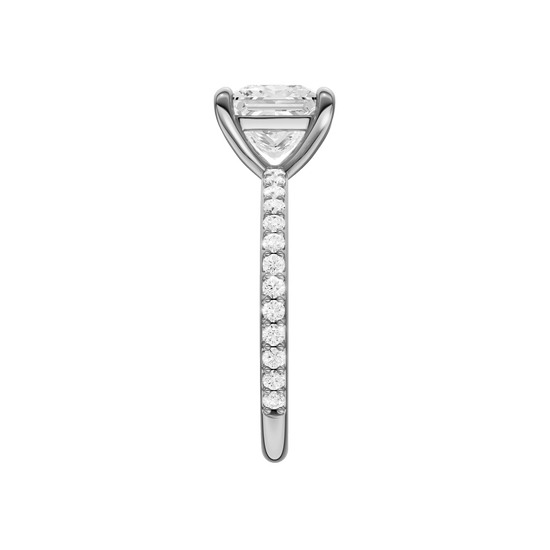 A side view of the Princess cut diamond engagement ring in platinum with a prong diamond band and cathedral setting